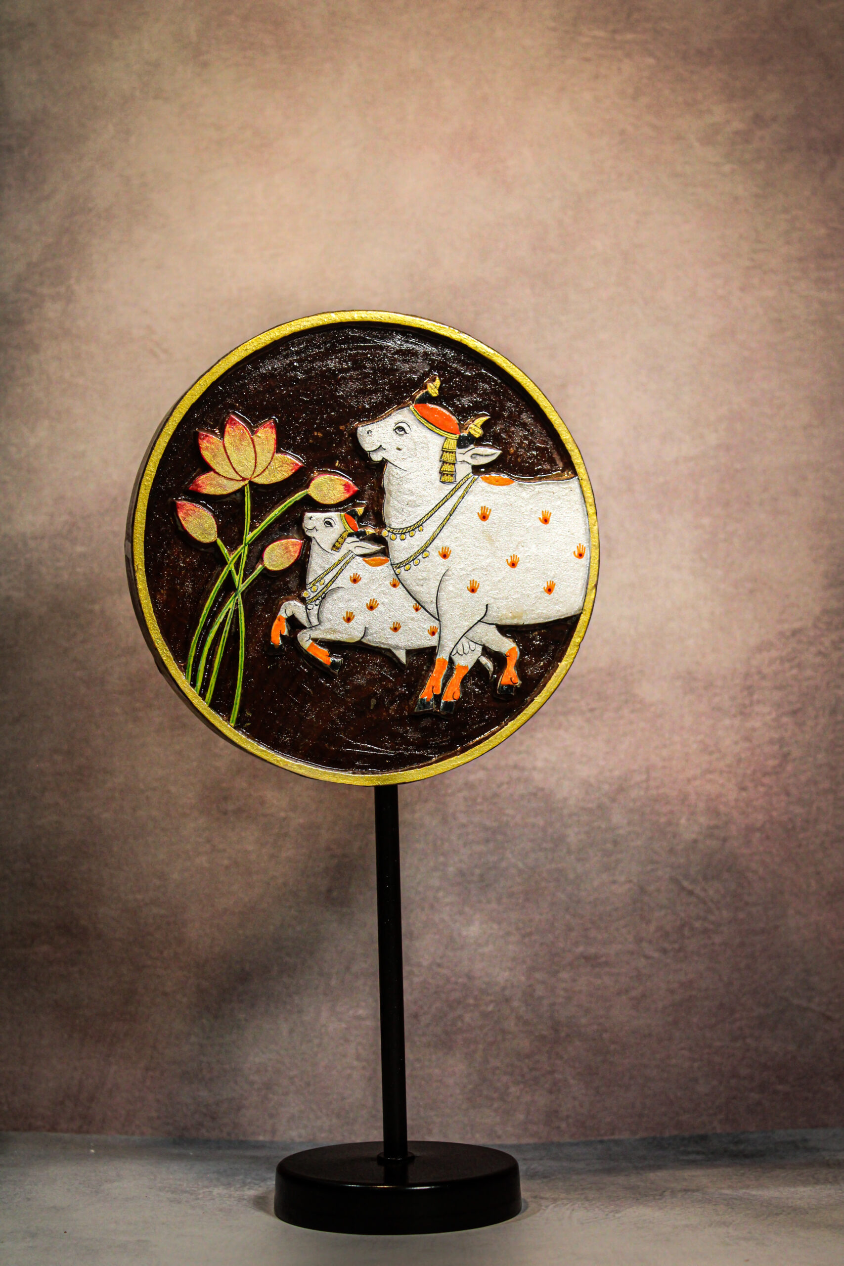 Kamadhenu Lotus Wooden Artwork