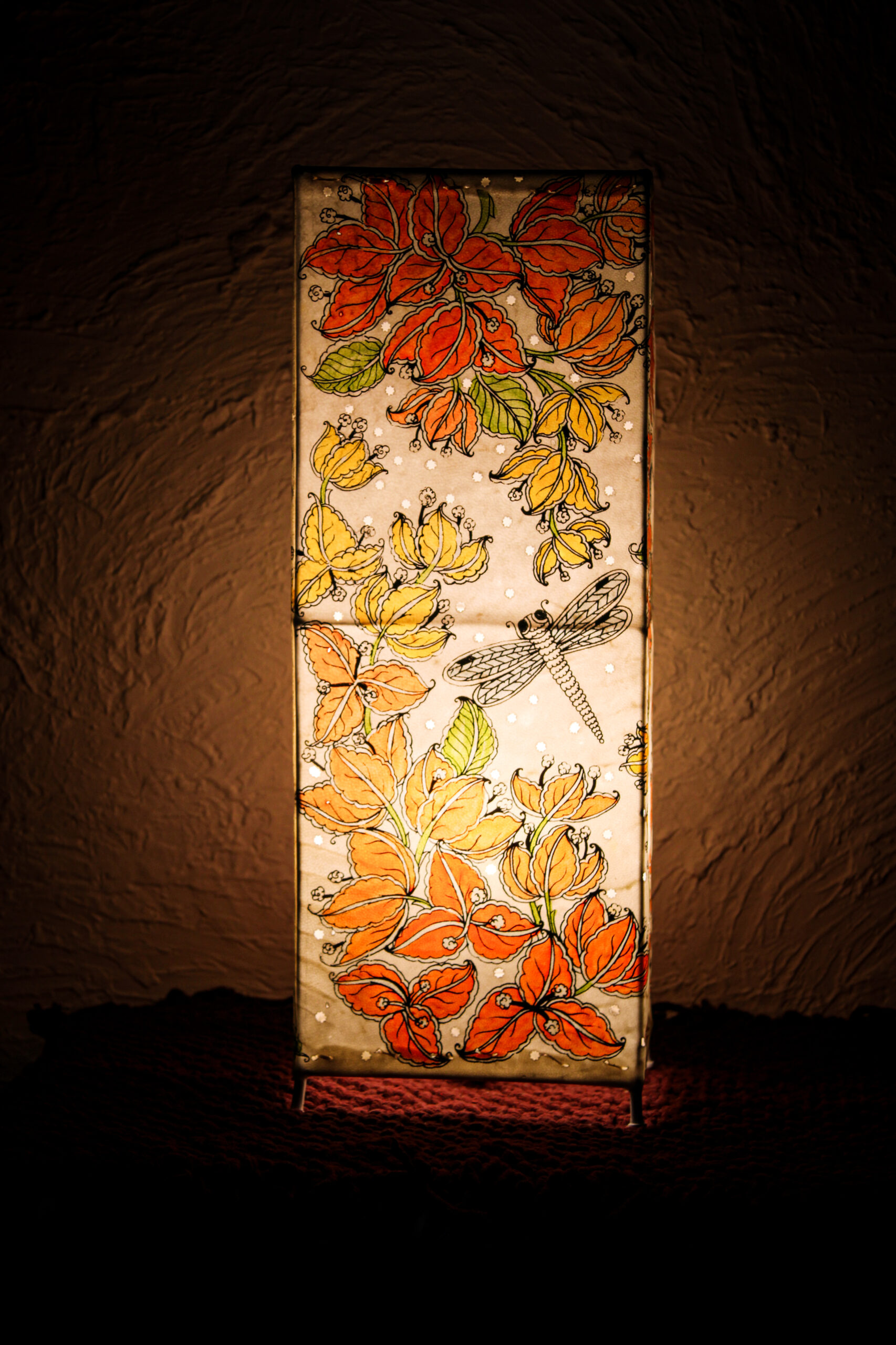 Hand-Painted Leather Square Lamp – 19 Inch | Floral & Dragonfly Design