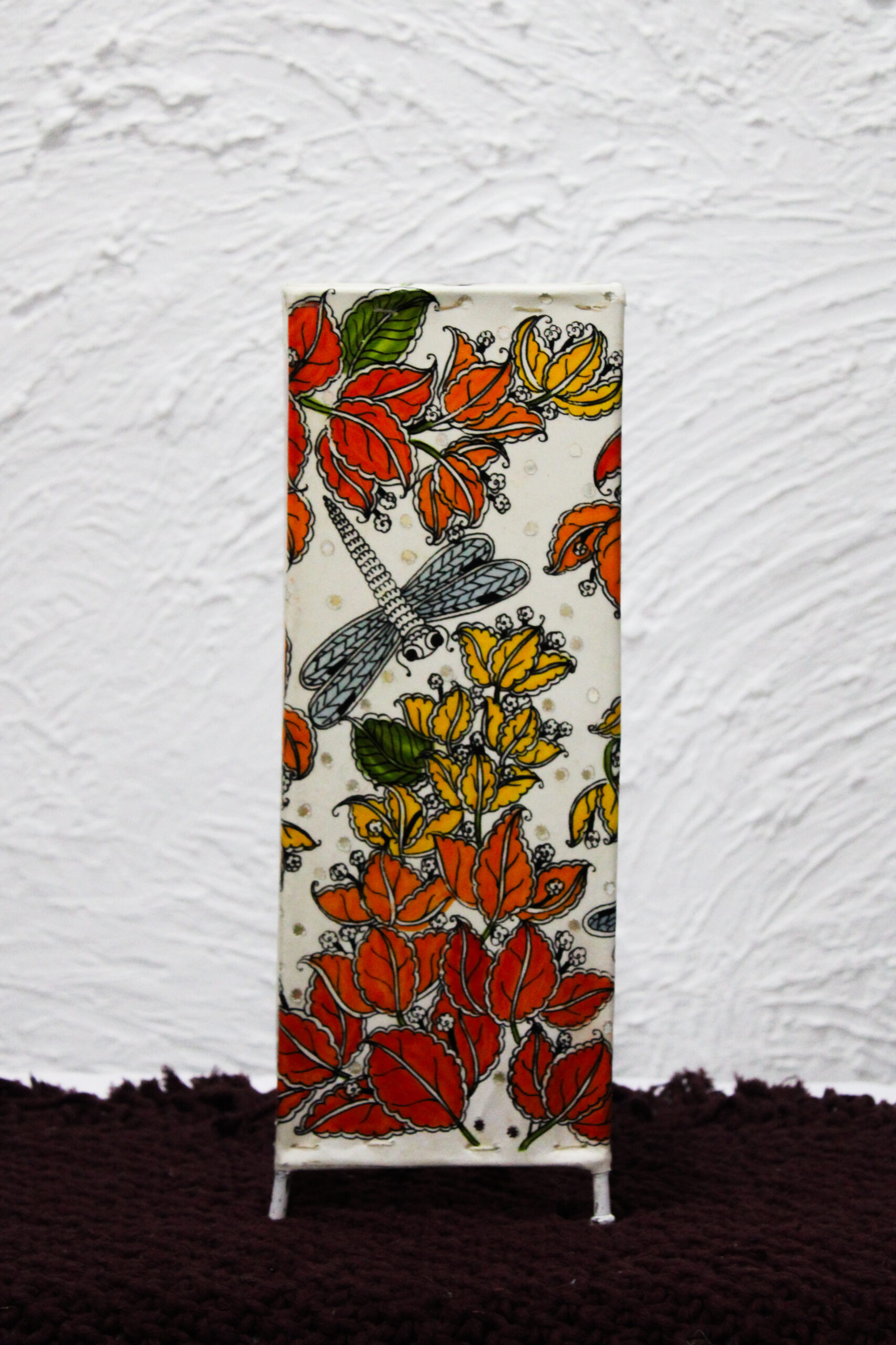 Hand-Painted Leather Square Lamp – 14 Inch | Floral & Dragonfly Design - Image 2