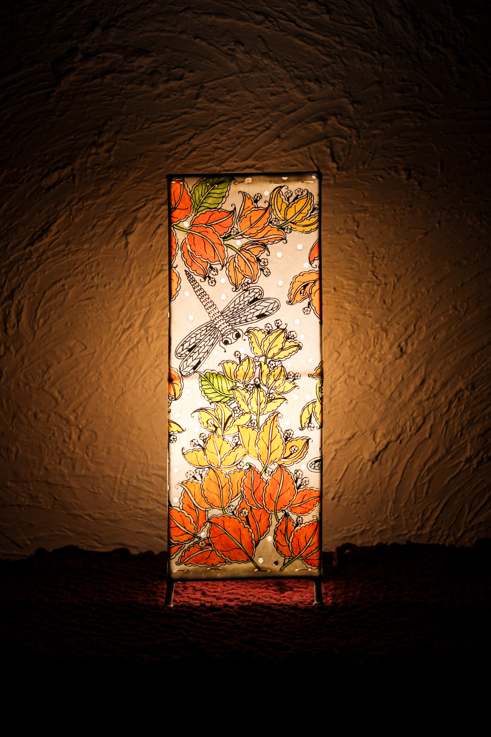 Hand-Painted Leather Square Lamp – 14 Inch | Floral & Dragonfly Design