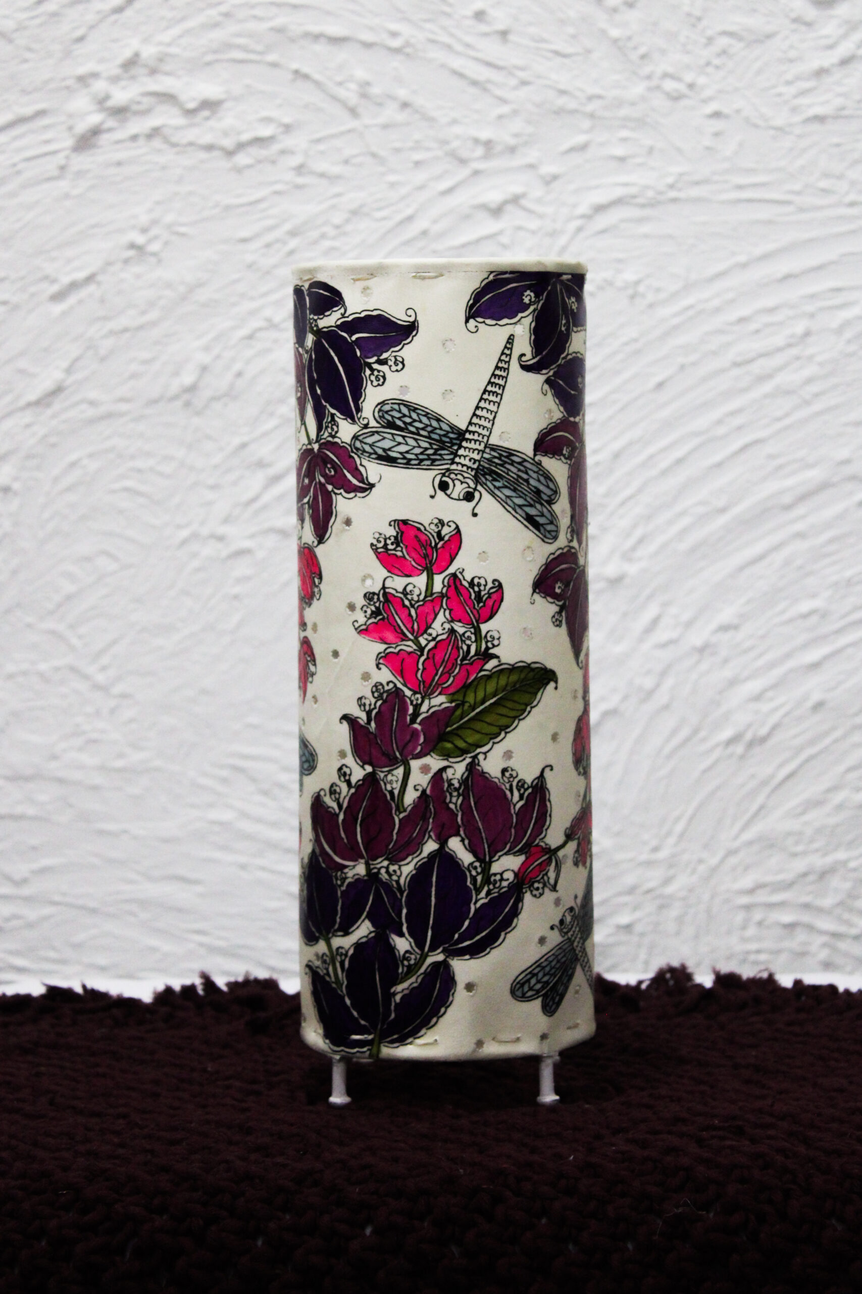 Hand-Painted Leather Round Lamp – 14 Inch | Purple Floral & Dragonfly Design - Image 2