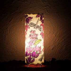 Hand-Painted Leather Round Lamp – 14 Inch | Purple Floral & Dragonfly Design