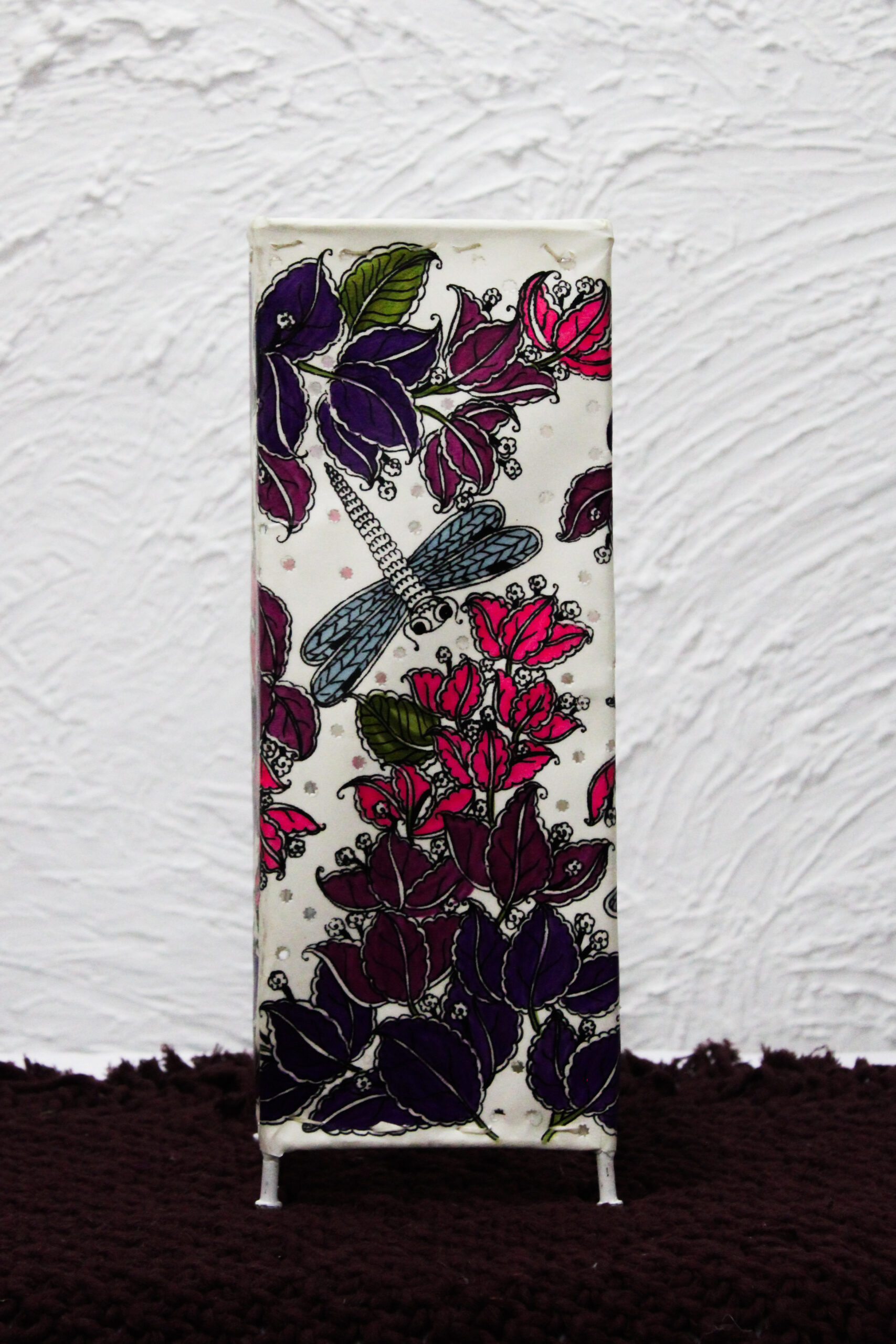Hand-Painted Leather Square Lamp – 14 Inch | Purple Floral & Dragonfly Design - Image 2