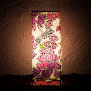 Hand-Painted Leather Square Lamp – 14 Inch | Purple Floral & Dragonfly Design